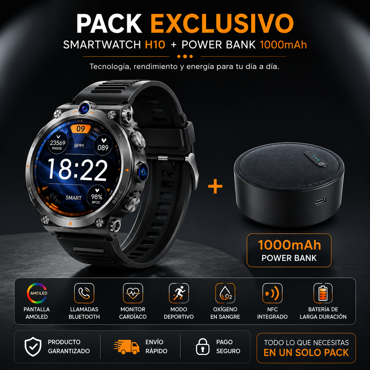 Reloj Inteligente Deportivo H10 con Doble Cámara – NFC, Pantalla AMOLED y Monitoreo Inteligente