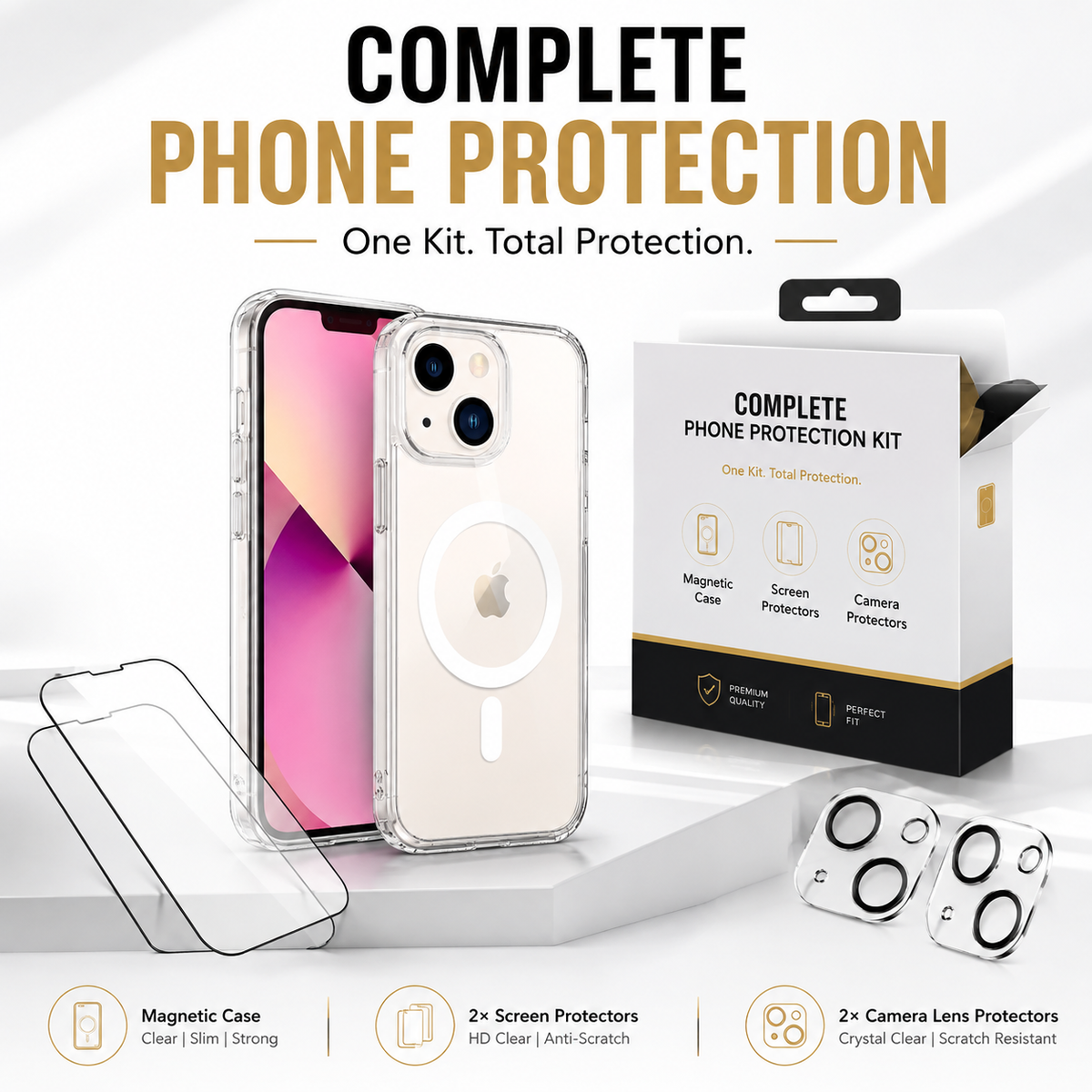Complete Phone Protection Kit for iPhone 13, 14 & 15, Magnetic Clear Case with 2 Tempered Glass Screen Protectors & 2 Camera Lens Protectors, Shockproof, Anti-Scratch & Anti-Fingerprint