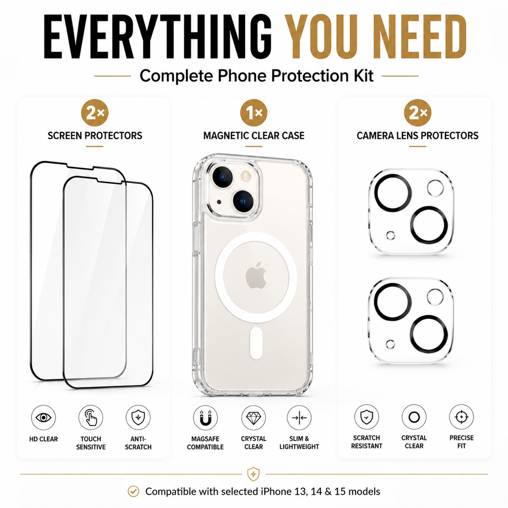 Complete Phone Protection Kit for iPhone 13, 14 & 15, Magnetic Clear Case with 2 Tempered Glass Screen Protectors & 2 Camera Lens Protectors, Shockproof, Anti-Scratch & Anti-Fingerprint