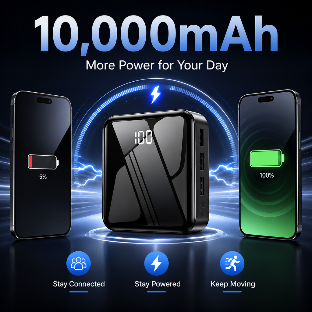 10,000mAh Mini Power Bank, Portable Wireless Charger with 3 USB Ports, Compact External Battery Pack for Smartphones & Small Devices
