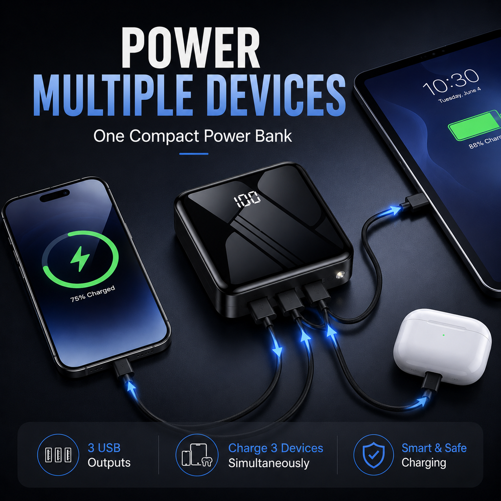 10,000mAh Mini Power Bank, Portable Wireless Charger with 3 USB Ports, Compact External Battery Pack for Smartphones & Small Devices