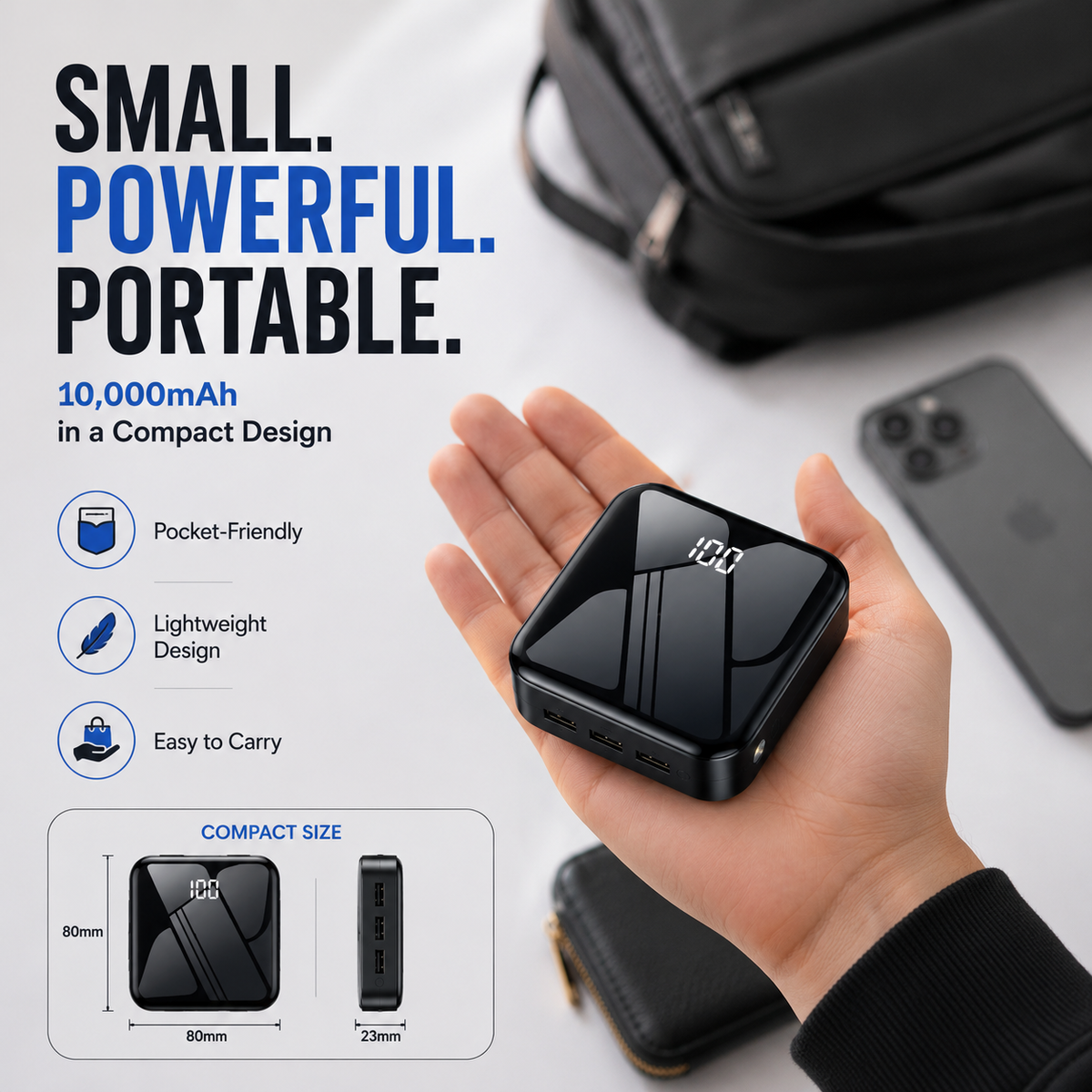 10,000mAh Mini Power Bank, Portable Wireless Charger with 3 USB Ports, Compact External Battery Pack for Smartphones & Small Devices