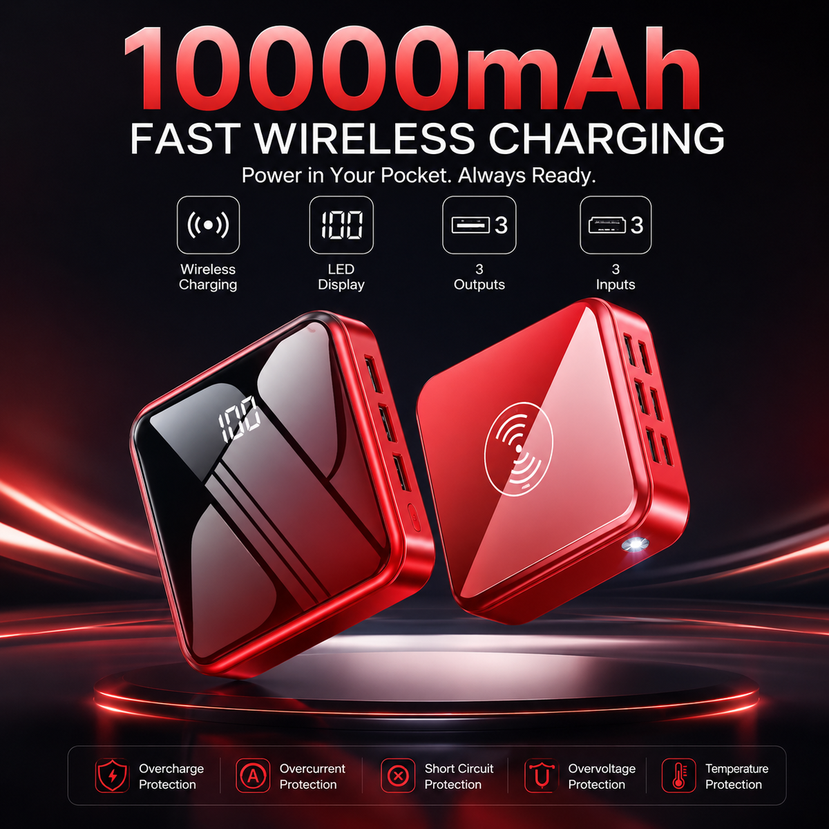 10,000mAh Mini Power Bank, Portable Wireless Charger with 3 USB Ports, Compact External Battery Pack for Smartphones & Small Devices