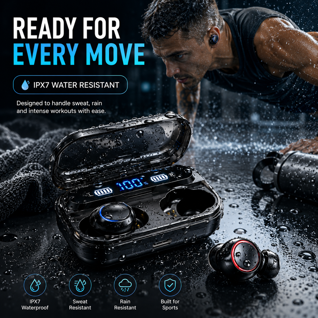 TWS Bluetooth 5.1 Wireless Earbuds – Mini Stereo Earphones with IPX7 Water Resistance