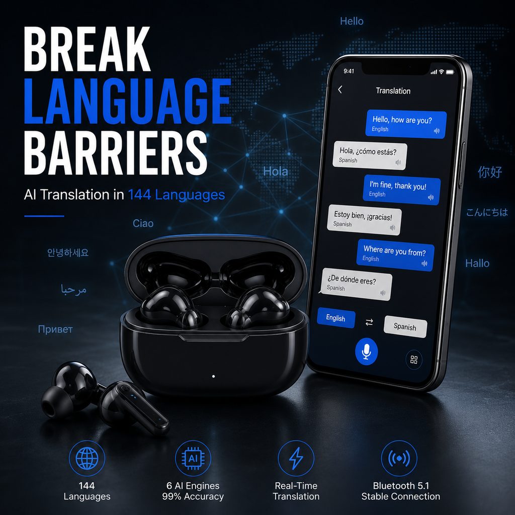AI Translation Earbuds, 144-Language Real-Time Translator with Bluetooth 5.1, Wireless Earbuds for Travel, Conversations & International Communication