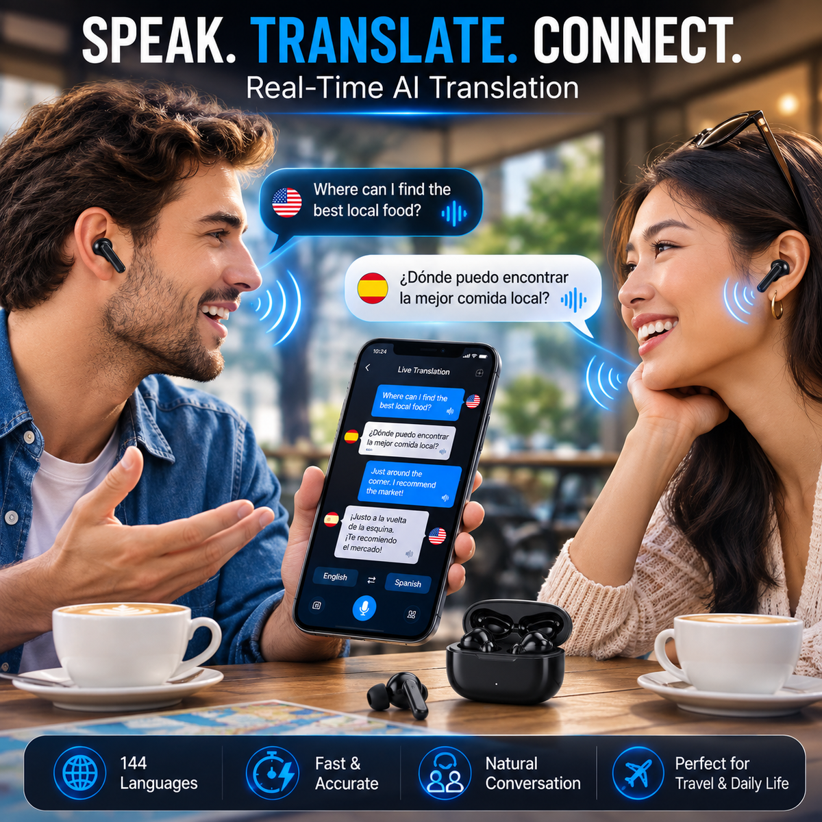 AI Translation Earbuds, 144-Language Real-Time Translator with Bluetooth 5.1, Wireless Earbuds for Travel, Conversations & International Communication