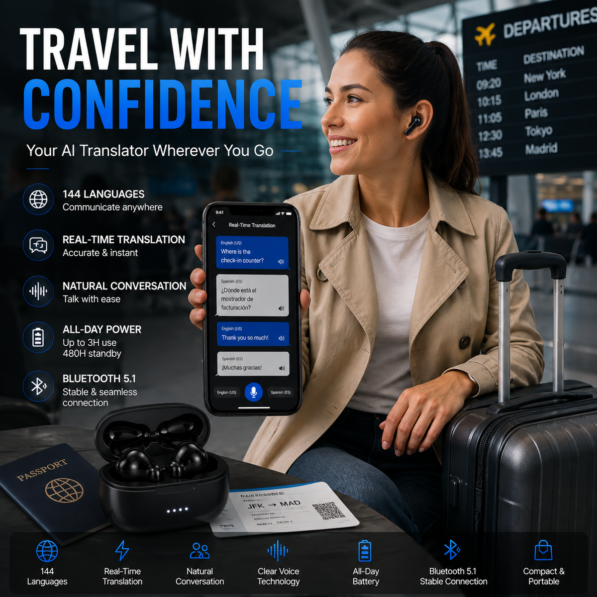 AI Translation Earbuds, 144-Language Real-Time Translator with Bluetooth 5.1, Wireless Earbuds for Travel, Conversations & International Communication