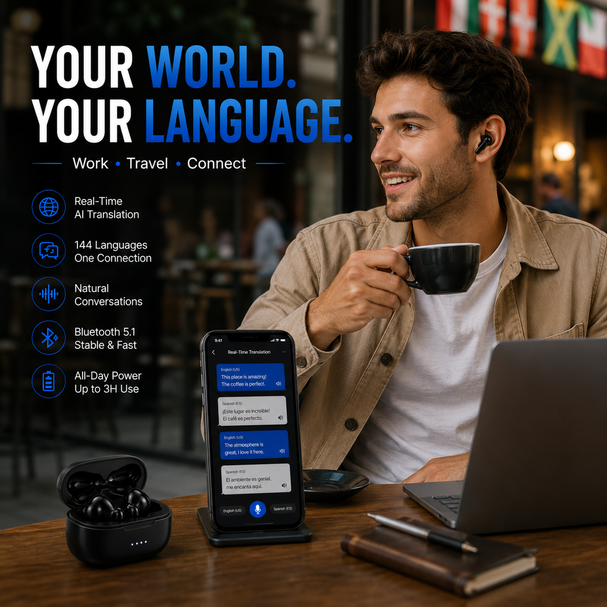 AI Translation Earbuds, 144-Language Real-Time Translator with Bluetooth 5.1, Wireless Earbuds for Travel, Conversations & International Communication