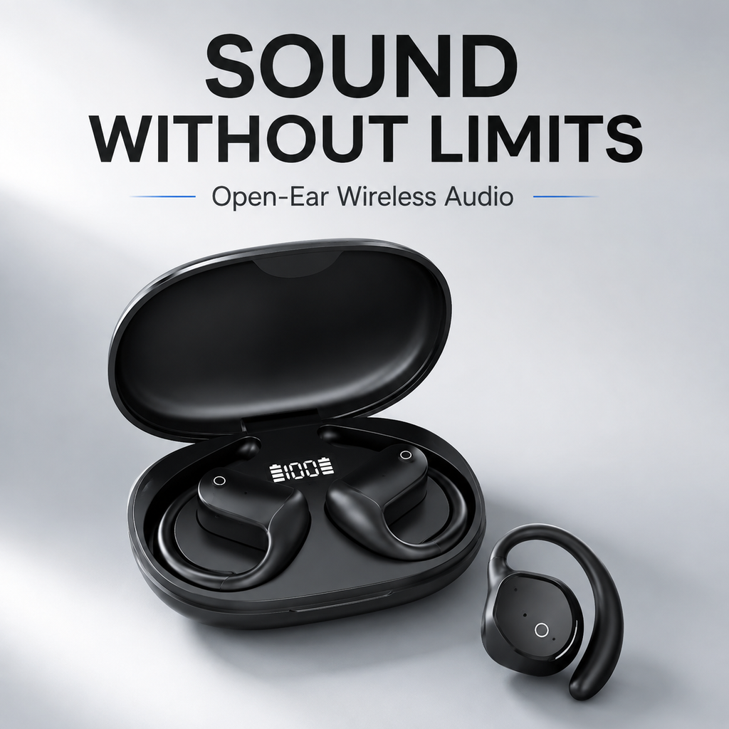 Open Ear Bluetooth Headphones, Wireless Sports Earbuds with Ear Hooks & Built-In Microphone