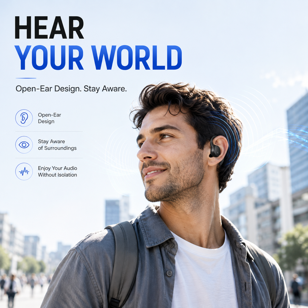 Open Ear Bluetooth Headphones, Wireless Sports Earbuds with Ear Hooks & Built-In Microphone