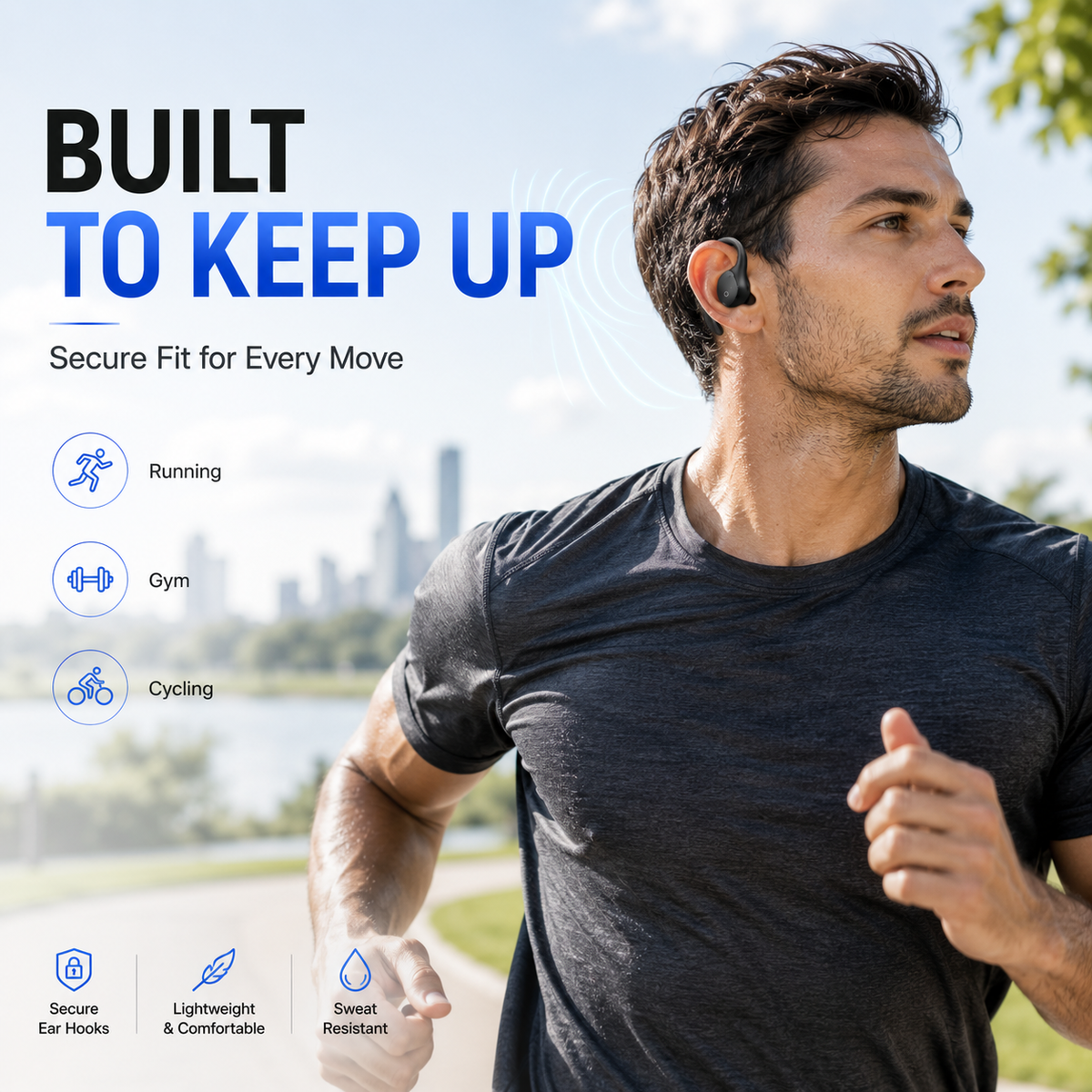 Open Ear Bluetooth Headphones, Wireless Sports Earbuds with Ear Hooks & Built-In Microphone