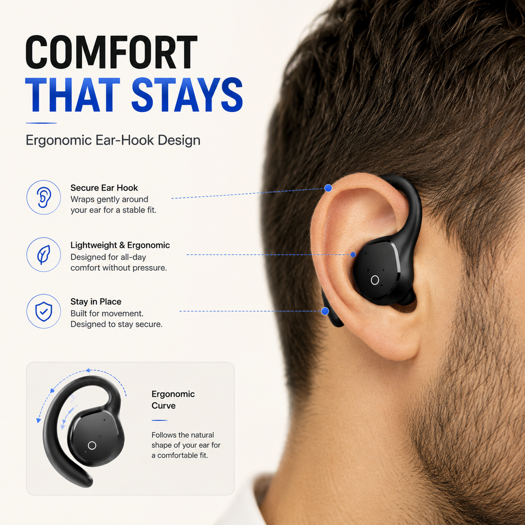 Open Ear Bluetooth Headphones, Wireless Sports Earbuds with Ear Hooks & Built-In Microphone