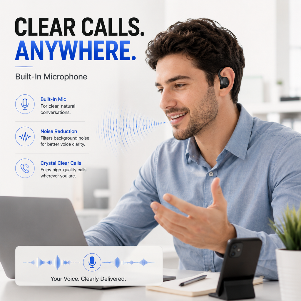Open Ear Bluetooth Headphones, Wireless Sports Earbuds with Ear Hooks & Built-In Microphone