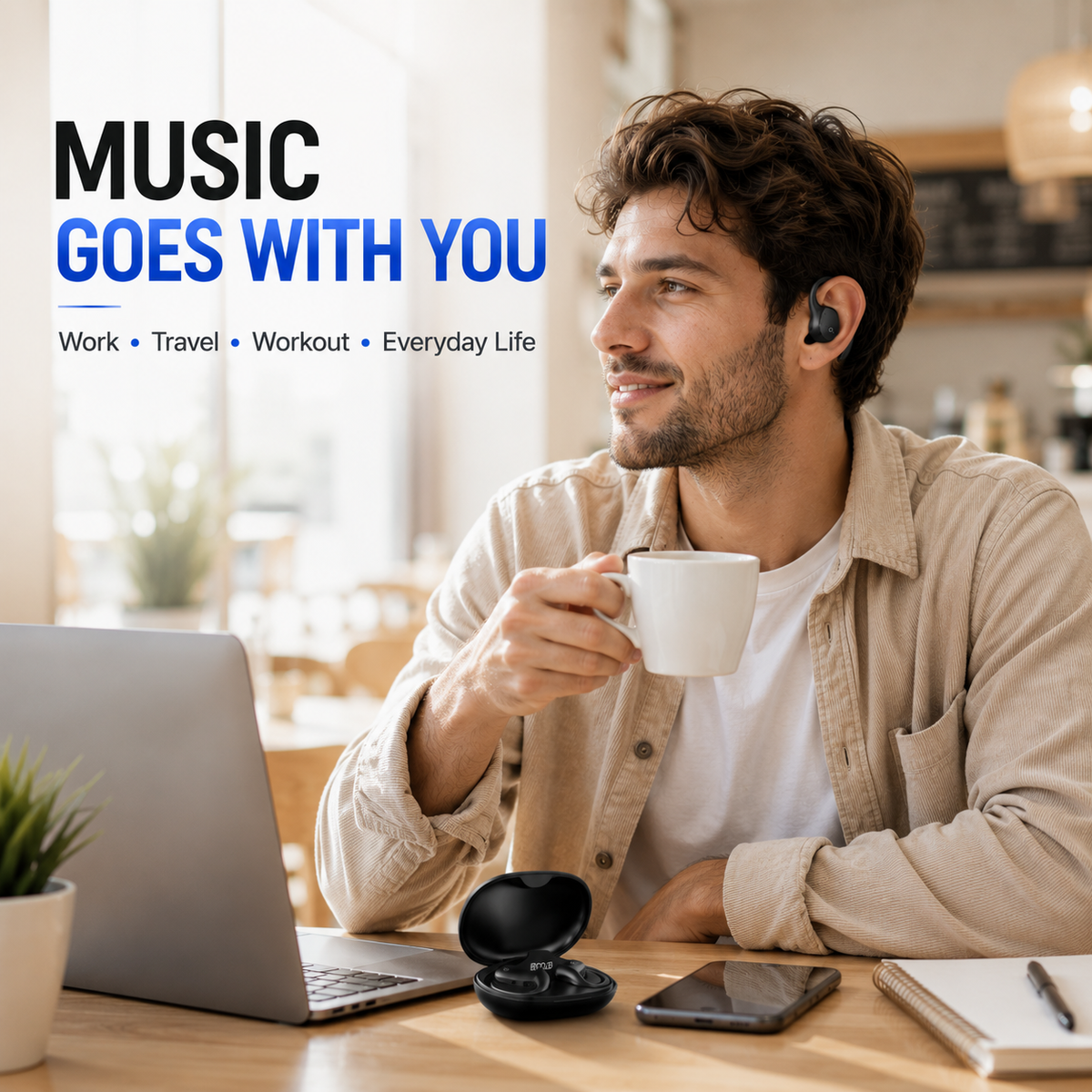 Open Ear Bluetooth Headphones, Wireless Sports Earbuds with Ear Hooks & Built-In Microphone