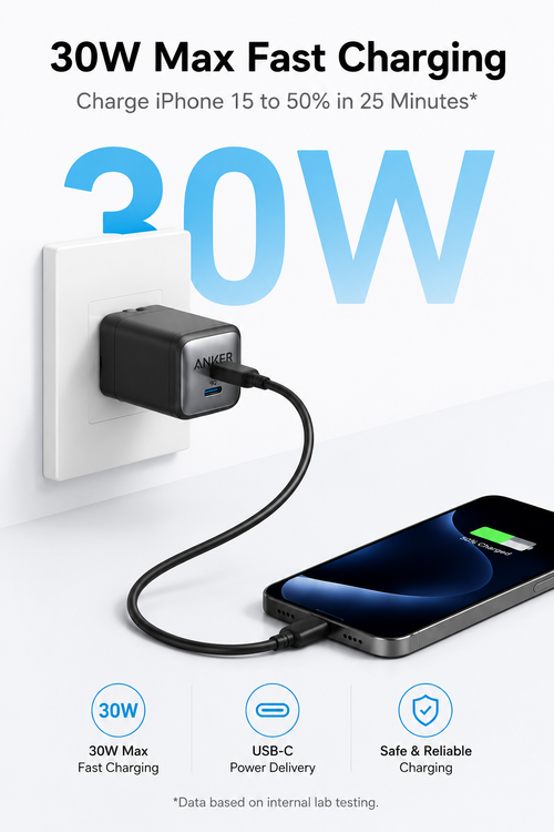 Anker Nano II 30W GaN USB-C Fast Charger | Compact Power Adapter for iPhone 16/15, Samsung Galaxy, iPad, MacBook Air & USB-C Devices