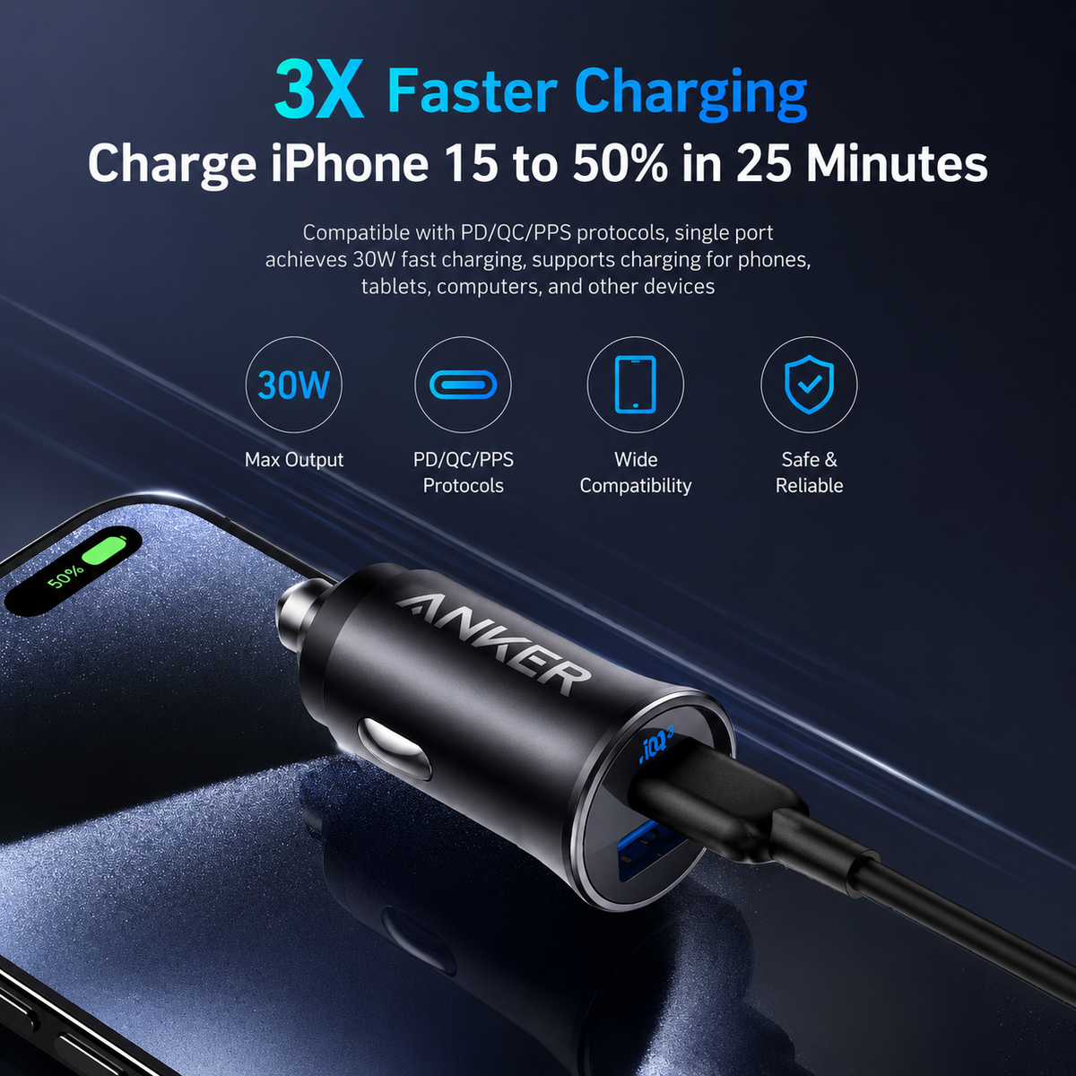 Anker 30W Dual-Port USB Car Charger | Fast Charging Adapter with USB-C & USB-A for iPhone, Samsung & More