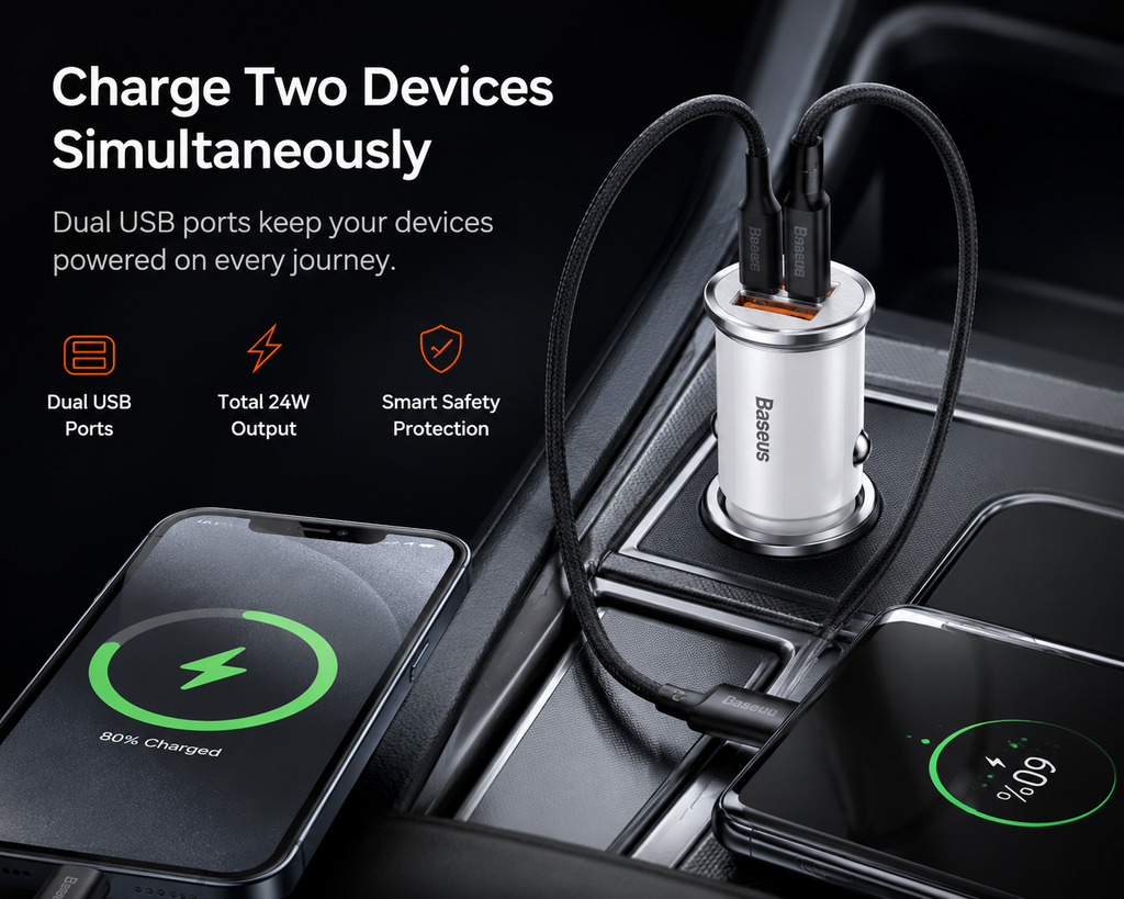 Baseus Dual USB Car Charger QC 3.0 Fast Charging Adapter, Compact 24W USB Car Charger for iPhone 16/15/14, Samsung Galaxy, iPad, AirPods & USB Devices