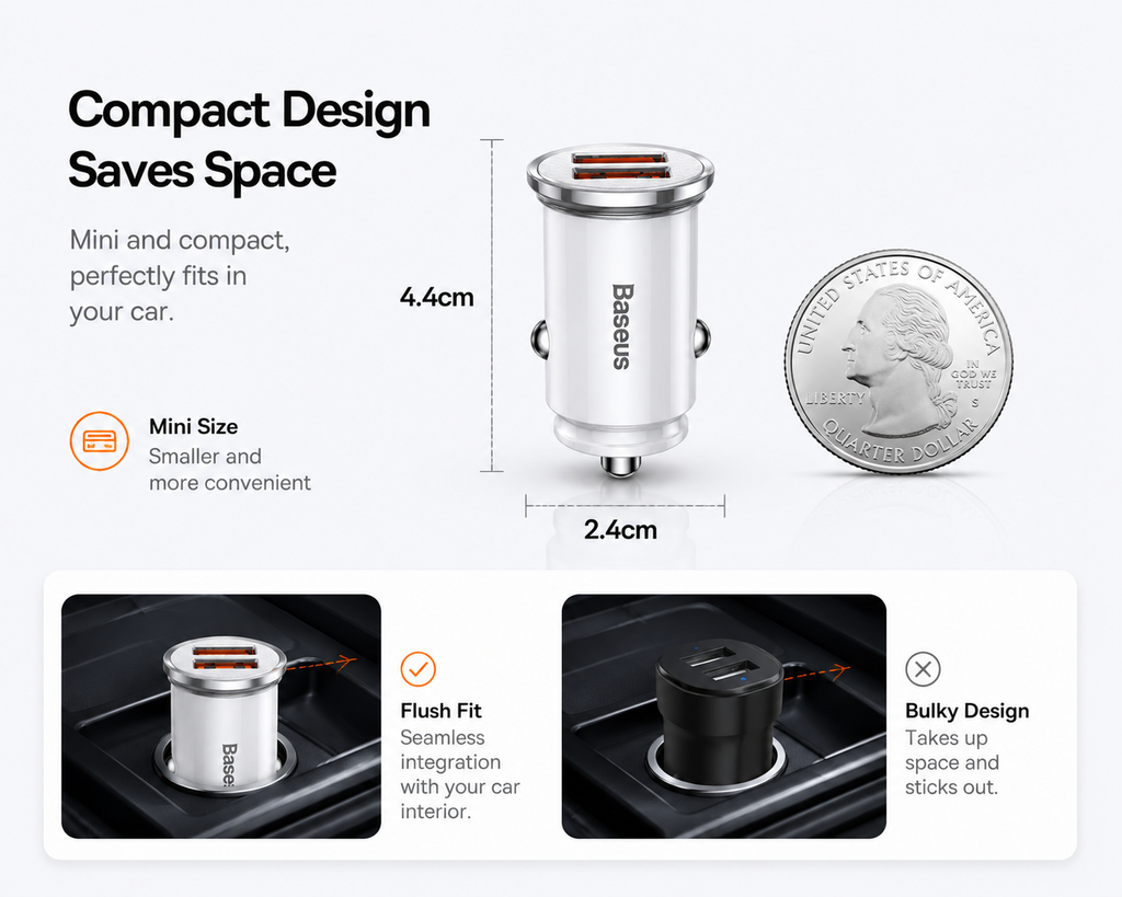 Baseus Dual USB Car Charger QC 3.0 Fast Charging Adapter, Compact 24W USB Car Charger for iPhone 16/15/14, Samsung Galaxy, iPad, AirPods & USB Devices