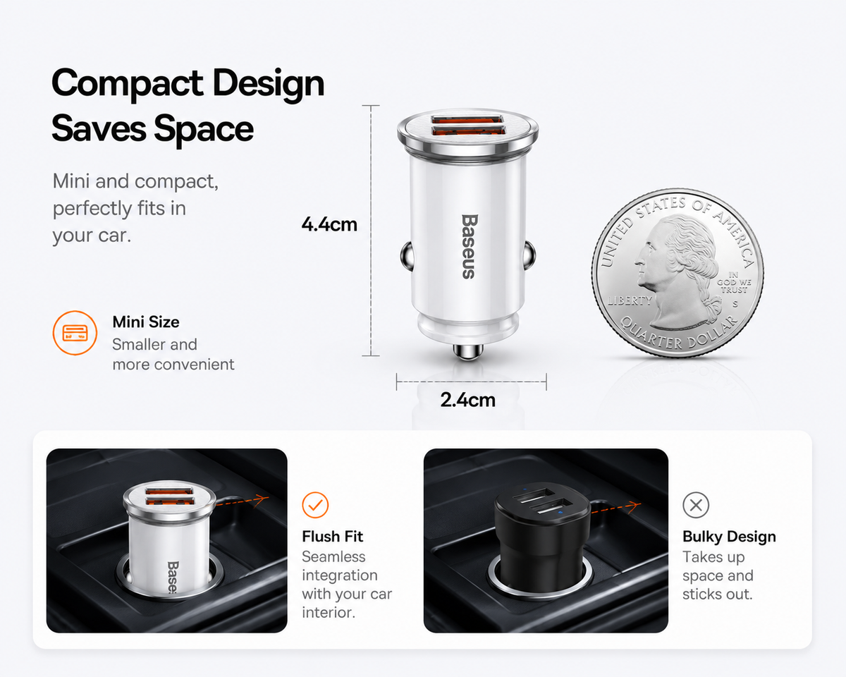 Baseus Dual USB Car Charger QC 3.0 Fast Charging Adapter, Compact 24W USB Car Charger for iPhone 16/15/14, Samsung Galaxy, iPad, AirPods & USB Devices