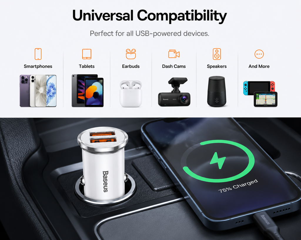 Baseus Dual USB Car Charger QC 3.0 Fast Charging Adapter, Compact 24W USB Car Charger for iPhone 16/15/14, Samsung Galaxy, iPad, AirPods & USB Devices