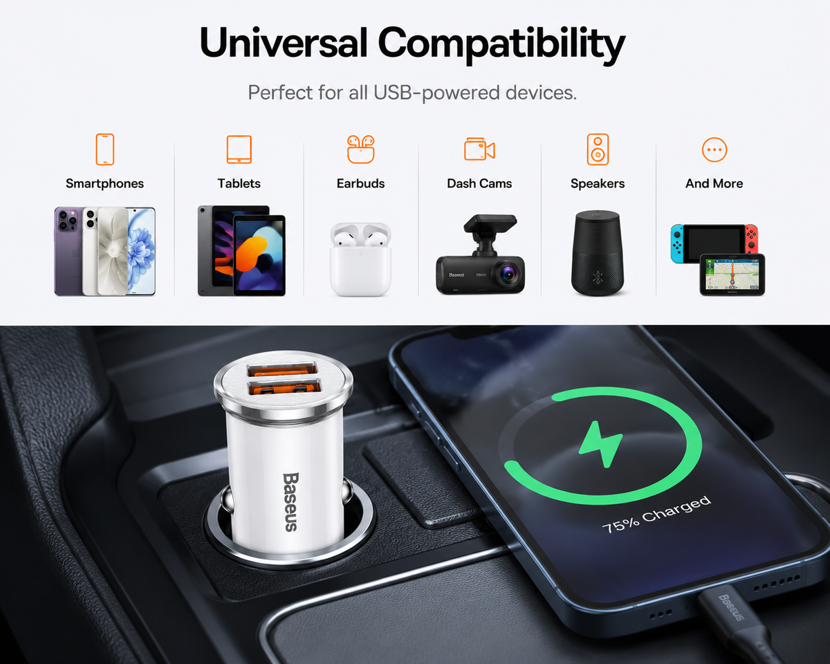 Baseus Dual USB Car Charger QC 3.0 Fast Charging Adapter, Compact 24W USB Car Charger for iPhone 16/15/14, Samsung Galaxy, iPad, AirPods & USB Devices