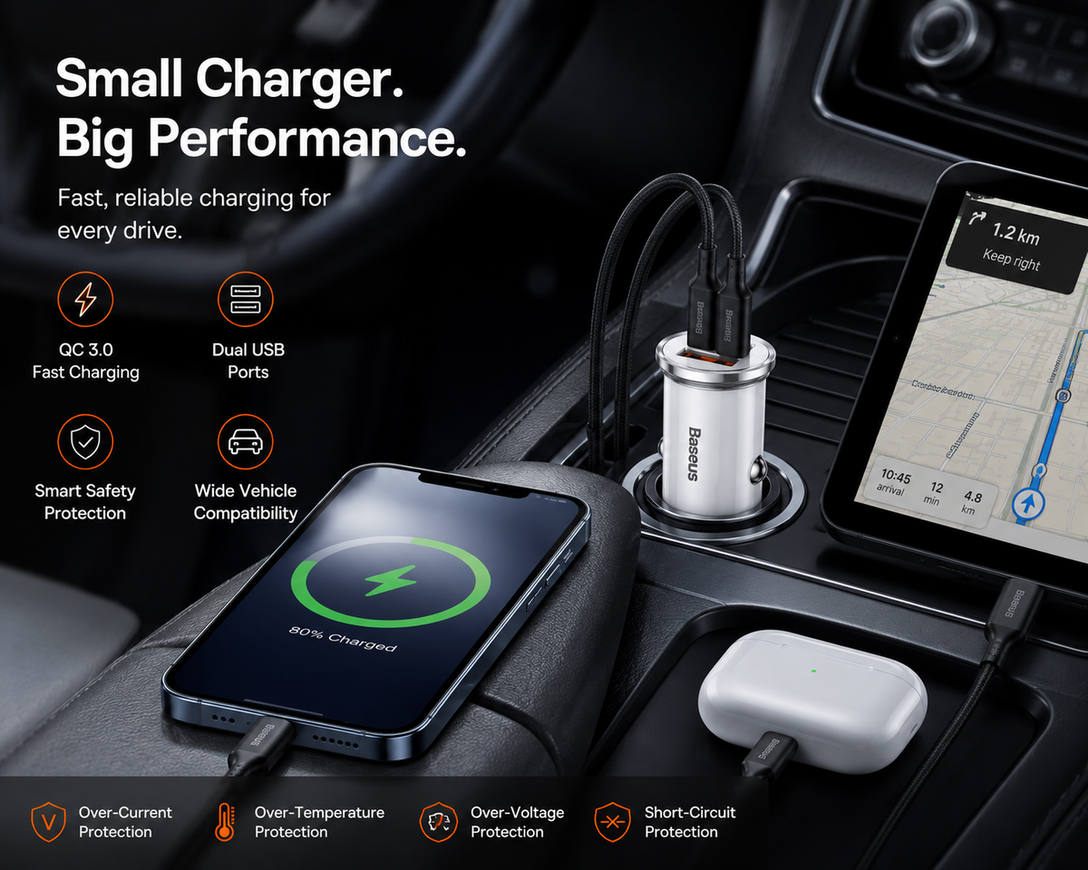 Baseus Dual USB Car Charger QC 3.0 Fast Charging Adapter, Compact 24W USB Car Charger for iPhone 16/15/14, Samsung Galaxy, iPad, AirPods & USB Devices