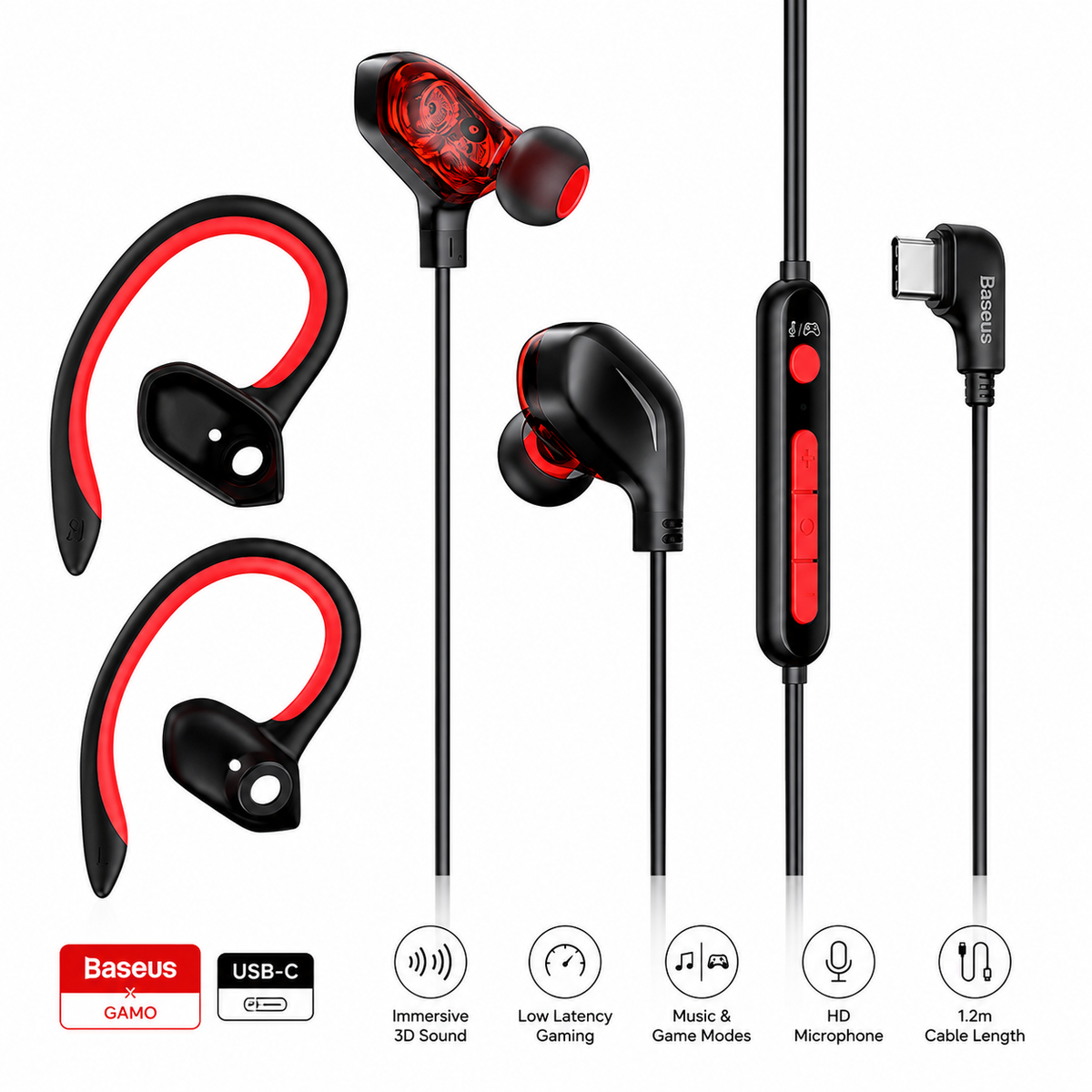 Baseus GAMO USB-C Gaming Earbuds with Microphone, Hi-Fi Stereo Wired Earphones, Low Latency, Dual Music & Game Modes for Samsung Galaxy, Google Pixel, OnePlus, Switch & USB-C Devices