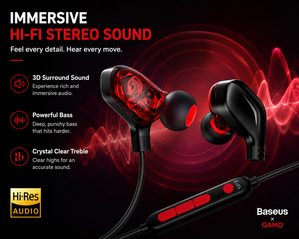 Baseus GAMO USB-C Gaming Earbuds with Microphone, Hi-Fi Stereo Wired Earphones, Low Latency, Dual Music & Game Modes for Samsung Galaxy, Google Pixel, OnePlus, Switch & USB-C Devices