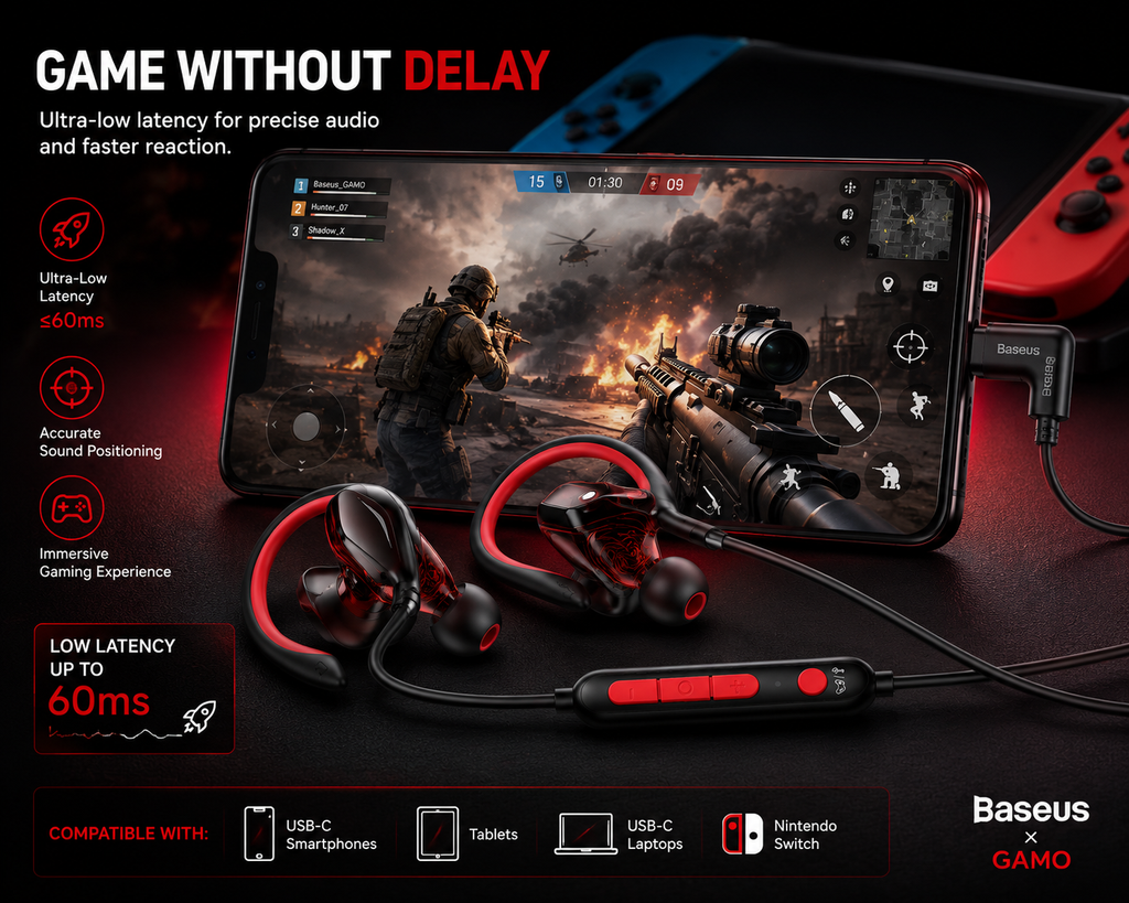 Baseus GAMO USB-C Gaming Earbuds with Microphone, Hi-Fi Stereo Wired Earphones, Low Latency, Dual Music & Game Modes for Samsung Galaxy, Google Pixel, OnePlus, Switch & USB-C Devices
