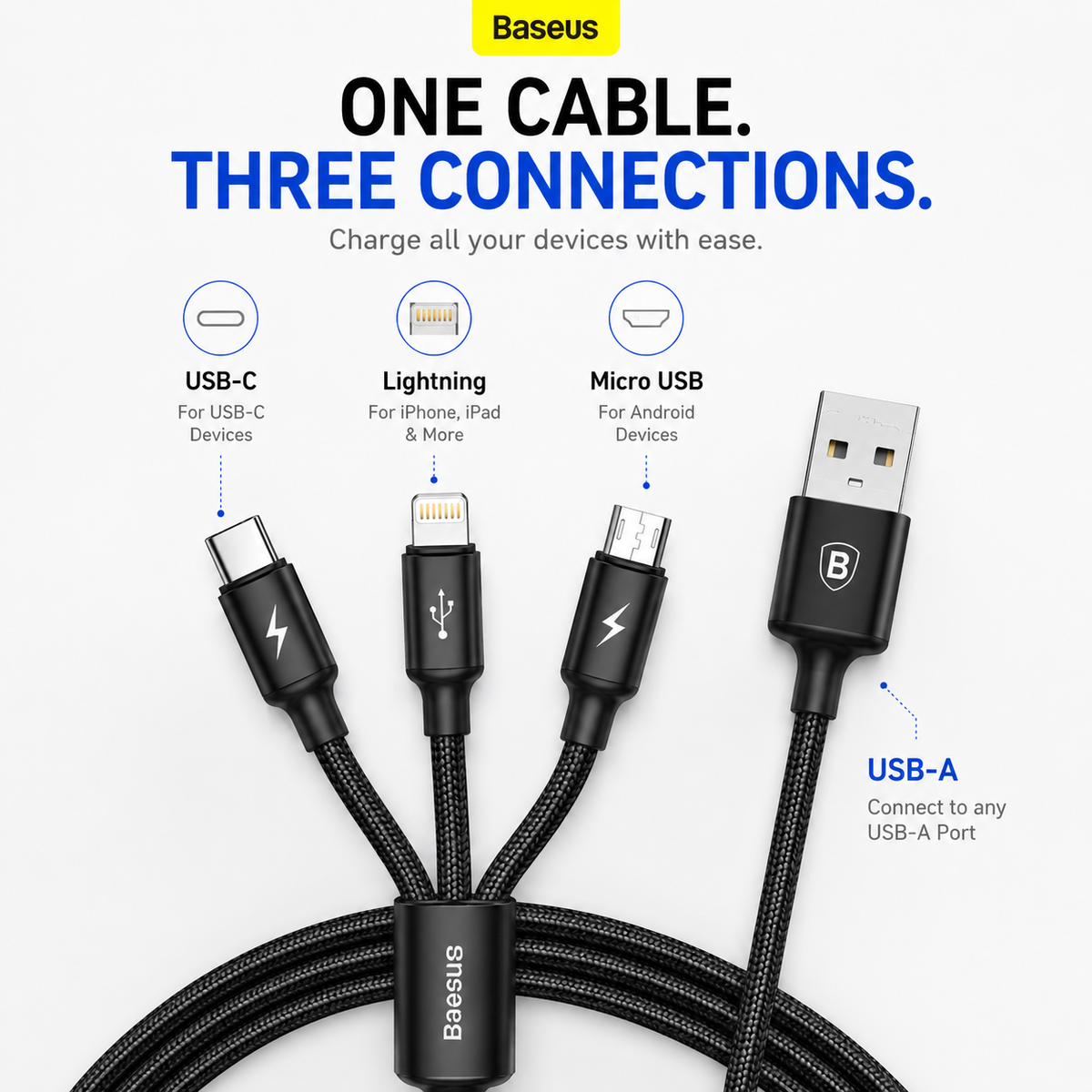 Baseus 3-in-1 Fast Charging Cable, USB-A to USB-C, Lightning & Micro USB, 3.5A Multi Charging Cable for iPhone, Samsung Galaxy, Android, Tablets & More (120cm)