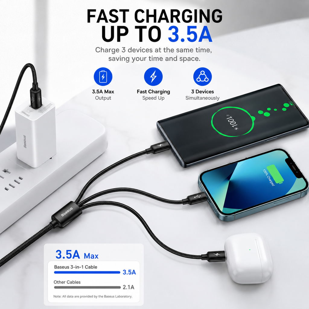 Baseus 3-in-1 Fast Charging Cable, USB-A to USB-C, Lightning & Micro USB, 3.5A Multi Charging Cable for iPhone, Samsung Galaxy, Android, Tablets & More (120cm)