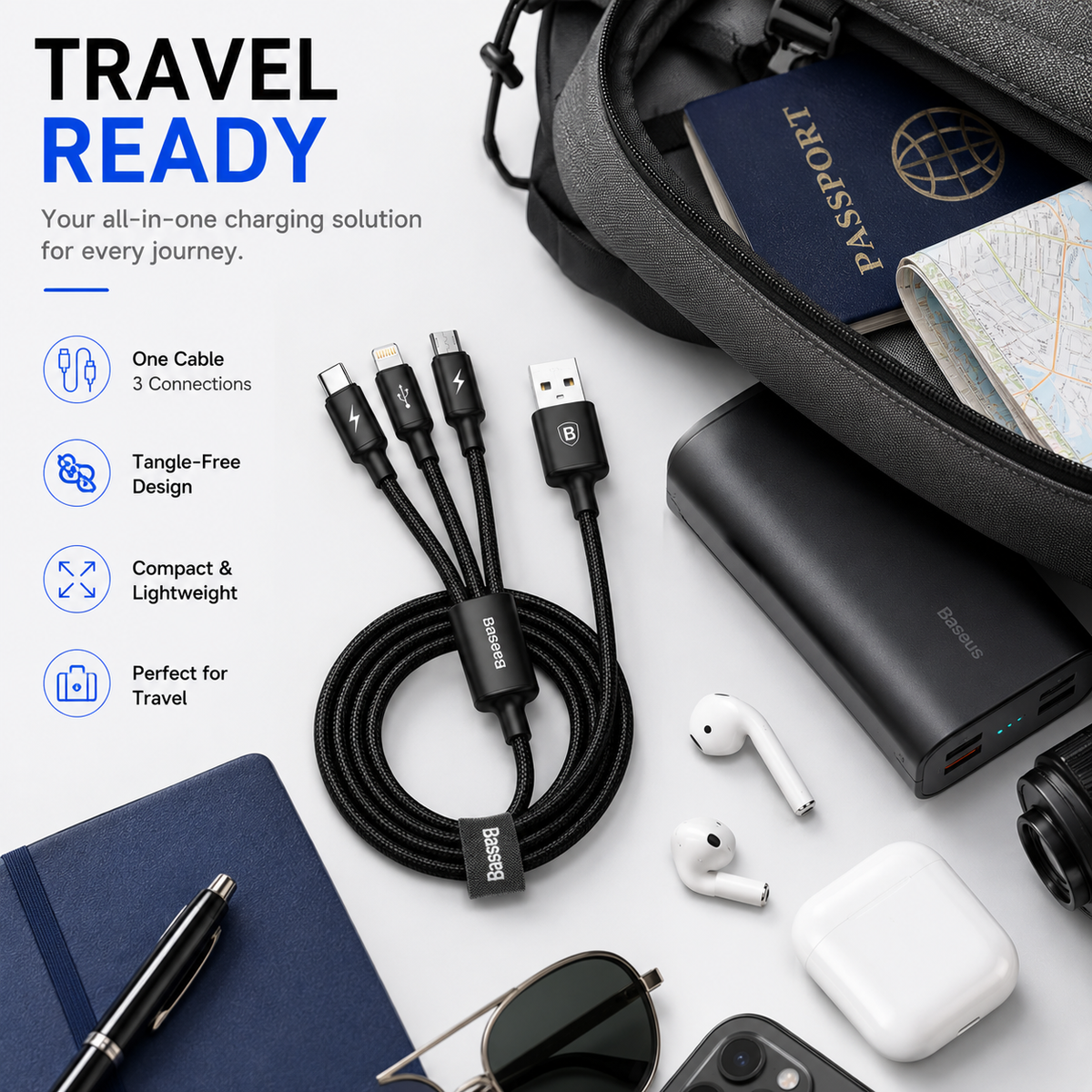 Baseus 3-in-1 Fast Charging Cable, USB-A to USB-C, Lightning & Micro USB, 3.5A Multi Charging Cable for iPhone, Samsung Galaxy, Android, Tablets & More (120cm)