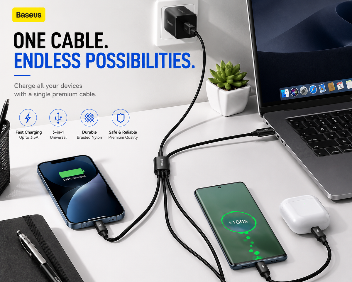 Baseus 3-in-1 Fast Charging Cable, USB-A to USB-C, Lightning & Micro USB, 3.5A Multi Charging Cable for iPhone, Samsung Galaxy, Android, Tablets & More (120cm)