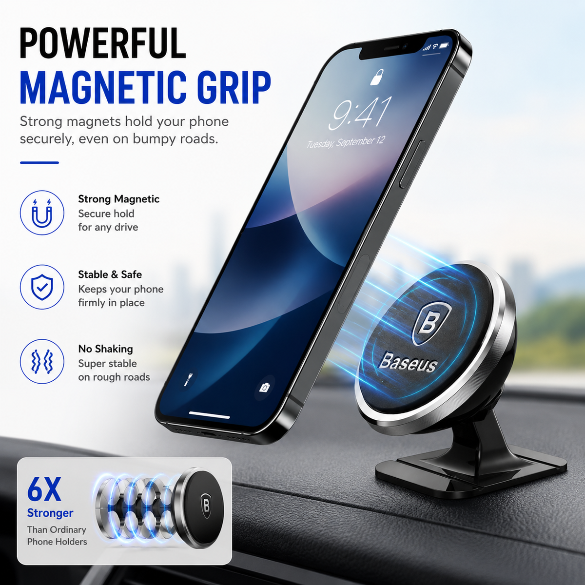 Baseus Magnetic Car Phone Mount, 360° Rotating Air Vent Phone Holder, Strong Magnetic Cell Phone Holder for iPhone, Samsung Galaxy, Google Pixel & All Smartphones