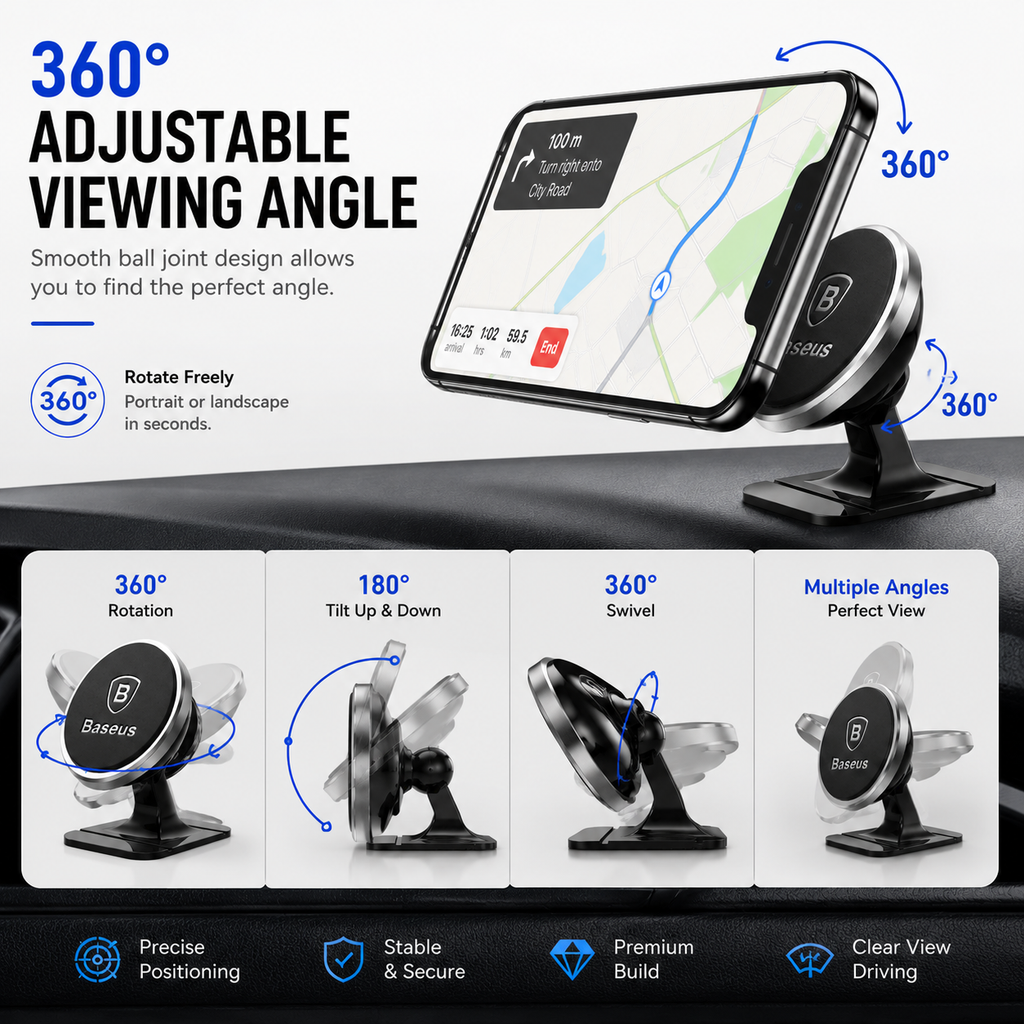 Baseus Magnetic Car Phone Mount, 360° Rotating Air Vent Phone Holder, Strong Magnetic Cell Phone Holder for iPhone, Samsung Galaxy, Google Pixel & All Smartphones