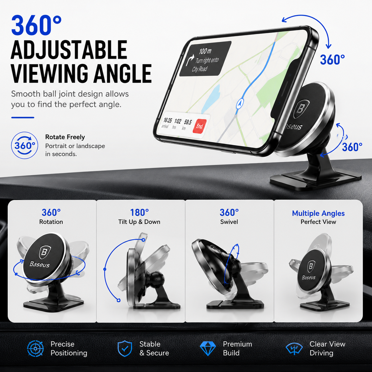 Baseus Magnetic Car Phone Mount, 360° Rotating Air Vent Phone Holder, Strong Magnetic Cell Phone Holder for iPhone, Samsung Galaxy, Google Pixel & All Smartphones