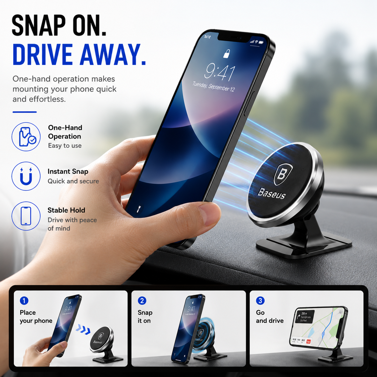 Baseus Magnetic Car Phone Mount, 360° Rotating Air Vent Phone Holder, Strong Magnetic Cell Phone Holder for iPhone, Samsung Galaxy, Google Pixel & All Smartphones