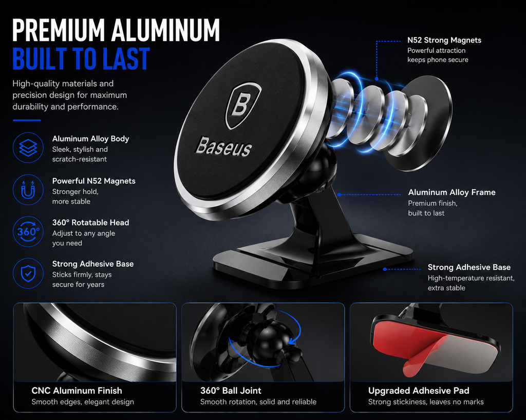 Baseus Magnetic Car Phone Mount, 360° Rotating Air Vent Phone Holder, Strong Magnetic Cell Phone Holder for iPhone, Samsung Galaxy, Google Pixel & All Smartphones