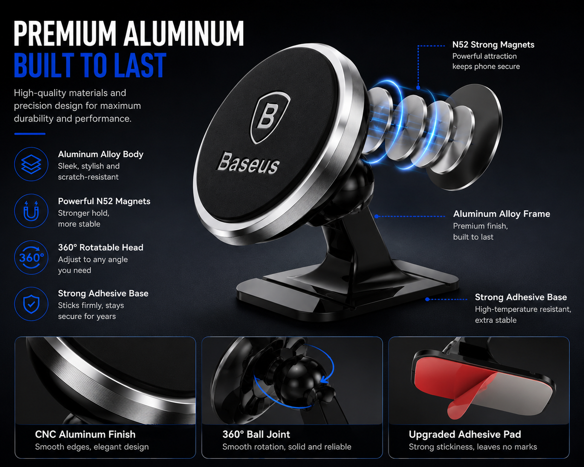 Baseus Magnetic Car Phone Mount, 360° Rotating Air Vent Phone Holder, Strong Magnetic Cell Phone Holder for iPhone, Samsung Galaxy, Google Pixel & All Smartphones