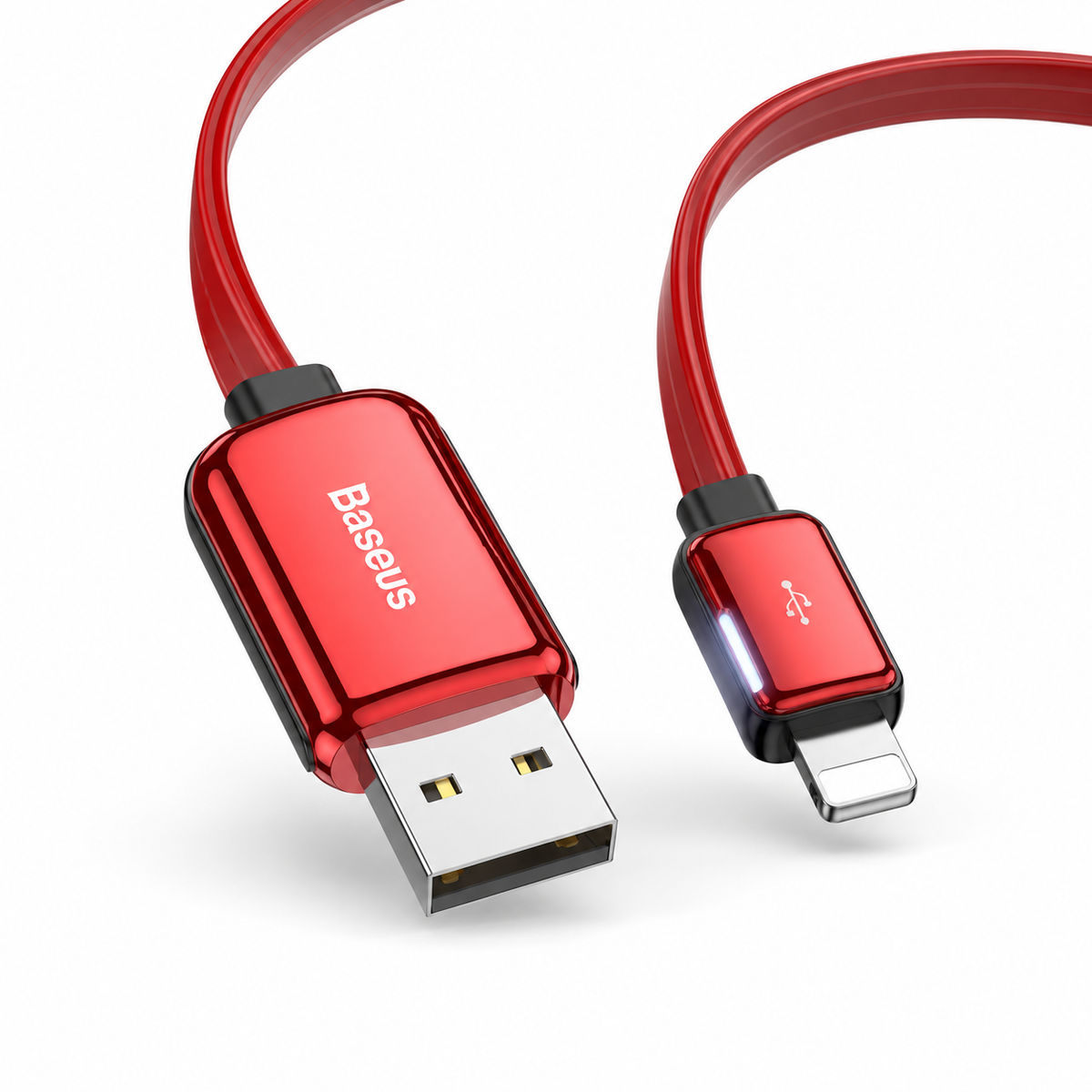 Baseus Flat Glowing Lightning Cable, 2.4A Fast Charging USB Data Cable, LED Indicator, 480Mbps Sync, 1M for iPhone 14/13/12/11/XR/XS/X/8/7/SE & iPad - Red