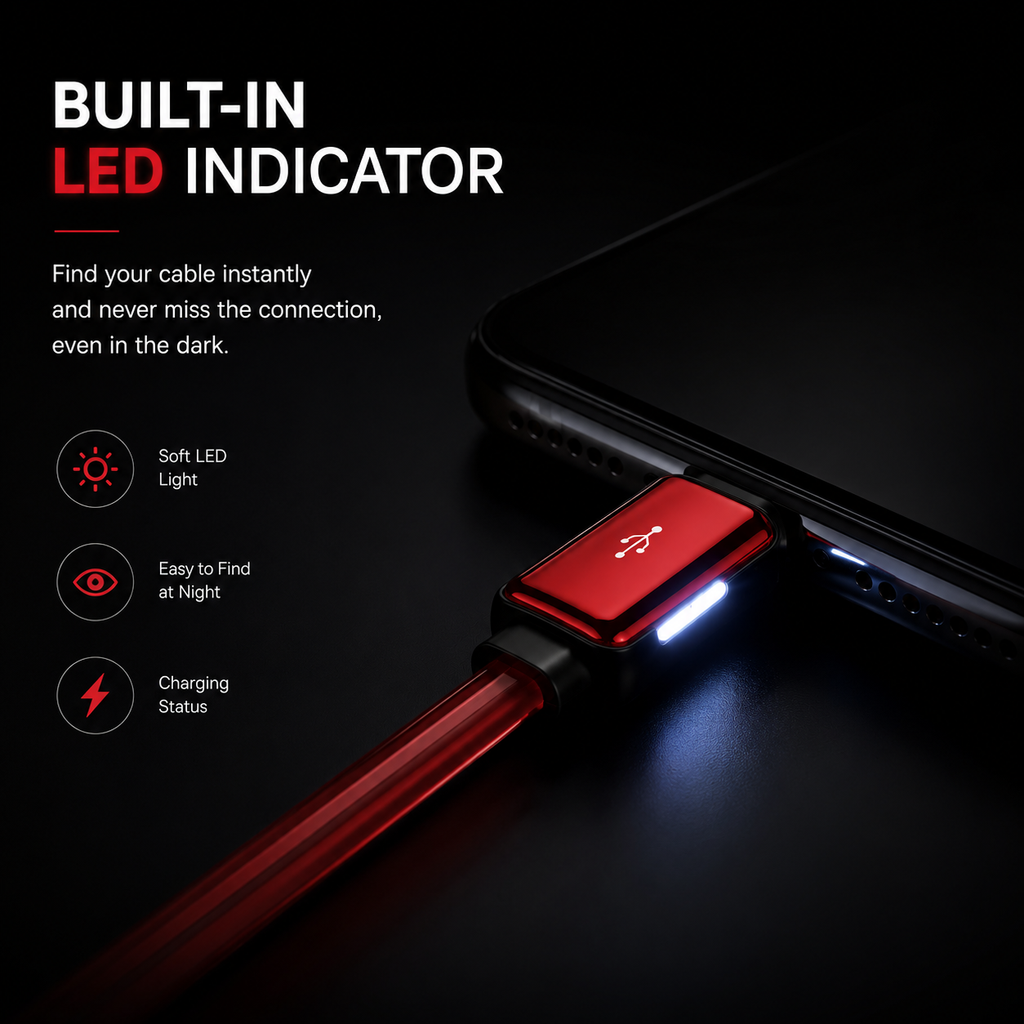 Baseus Flat Glowing Lightning Cable, 2.4A Fast Charging USB Data Cable, LED Indicator, 480Mbps Sync, 1M for iPhone 14/13/12/11/XR/XS/X/8/7/SE & iPad - Red
