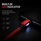 Baseus Flat Glowing Lightning Cable, 2.4A Fast Charging USB Data Cable, LED Indicator, 480Mbps Sync, 1M for iPhone 14/13/12/11/XR/XS/X/8/7/SE & iPad - Red
