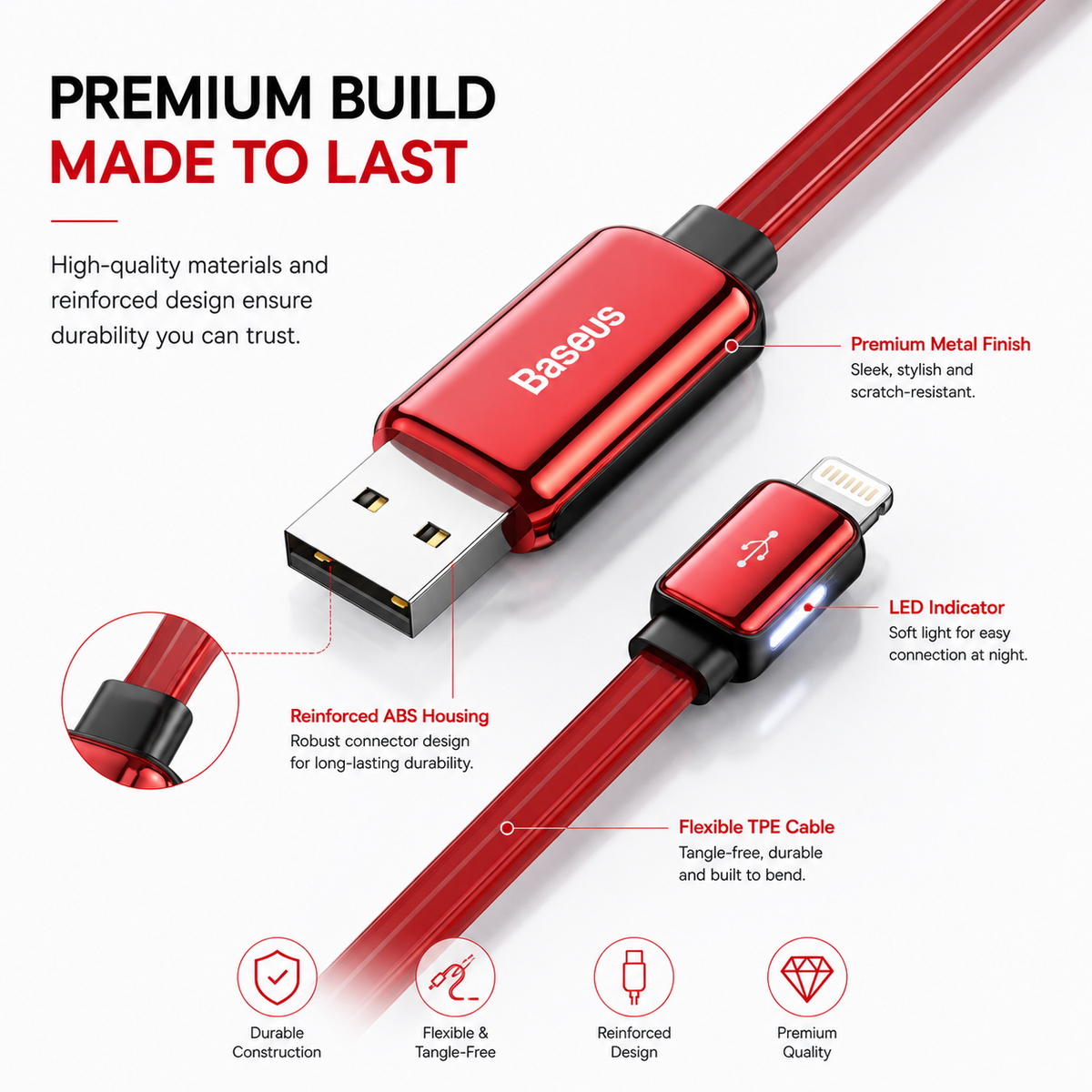 Baseus Flat Glowing Lightning Cable, 2.4A Fast Charging USB Data Cable, LED Indicator, 480Mbps Sync, 1M for iPhone 14/13/12/11/XR/XS/X/8/7/SE & iPad - Red