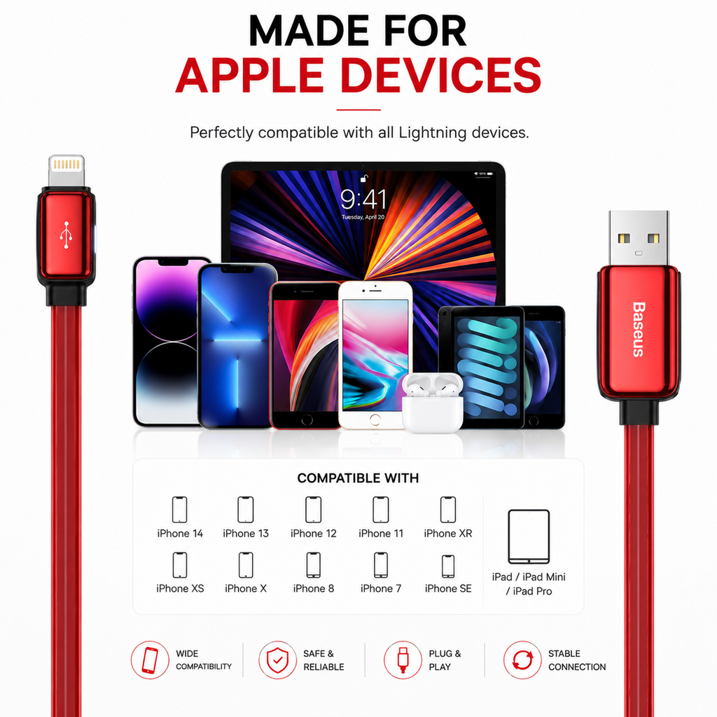 Baseus Flat Glowing Lightning Cable, 2.4A Fast Charging USB Data Cable, LED Indicator, 480Mbps Sync, 1M for iPhone 14/13/12/11/XR/XS/X/8/7/SE & iPad - Red