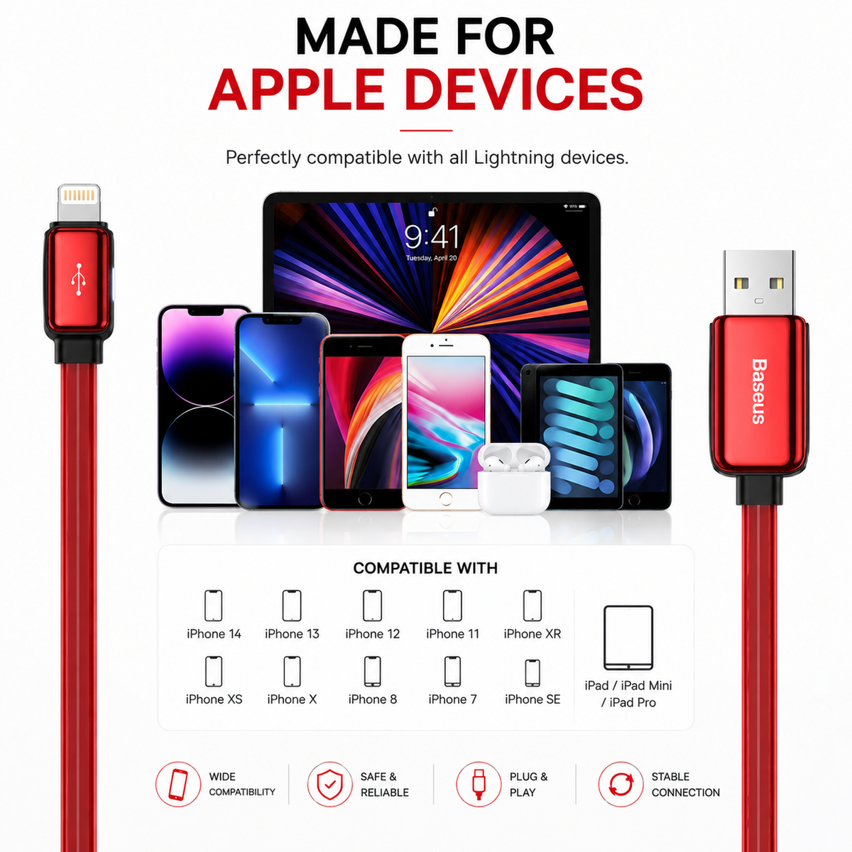 Baseus Flat Glowing Lightning Cable, 2.4A Fast Charging USB Data Cable, LED Indicator, 480Mbps Sync, 1M for iPhone 14/13/12/11/XR/XS/X/8/7/SE & iPad - Red