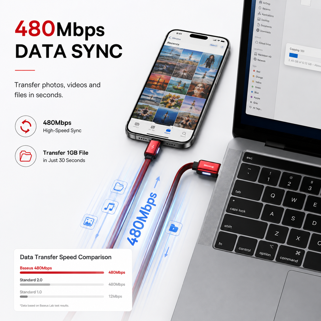 Baseus Flat Glowing Lightning Cable, 2.4A Fast Charging USB Data Cable, LED Indicator, 480Mbps Sync, 1M for iPhone 14/13/12/11/XR/XS/X/8/7/SE & iPad - Red