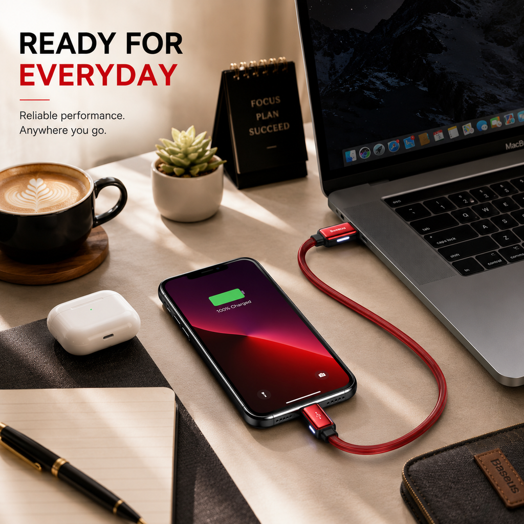 Baseus Flat Glowing Lightning Cable, 2.4A Fast Charging USB Data Cable, LED Indicator, 480Mbps Sync, 1M for iPhone 14/13/12/11/XR/XS/X/8/7/SE & iPad - Red