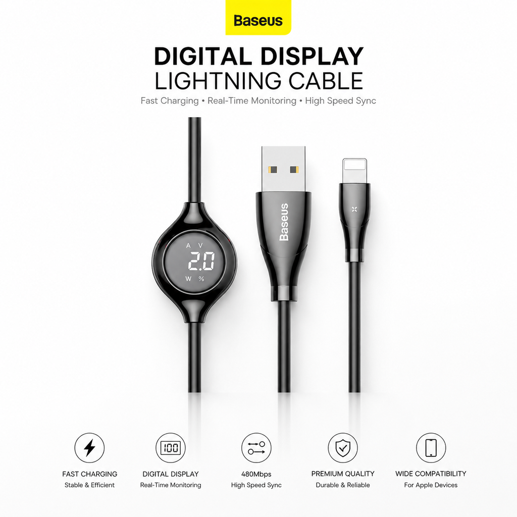 Baseus Digital Display Lightning Cable, Fast Charging USB Data Cable with Real-Time Power Display, 1M, 480Mbps Sync for iPhone 14/13/12/11/XR/XS/X/8/7/SE - Black