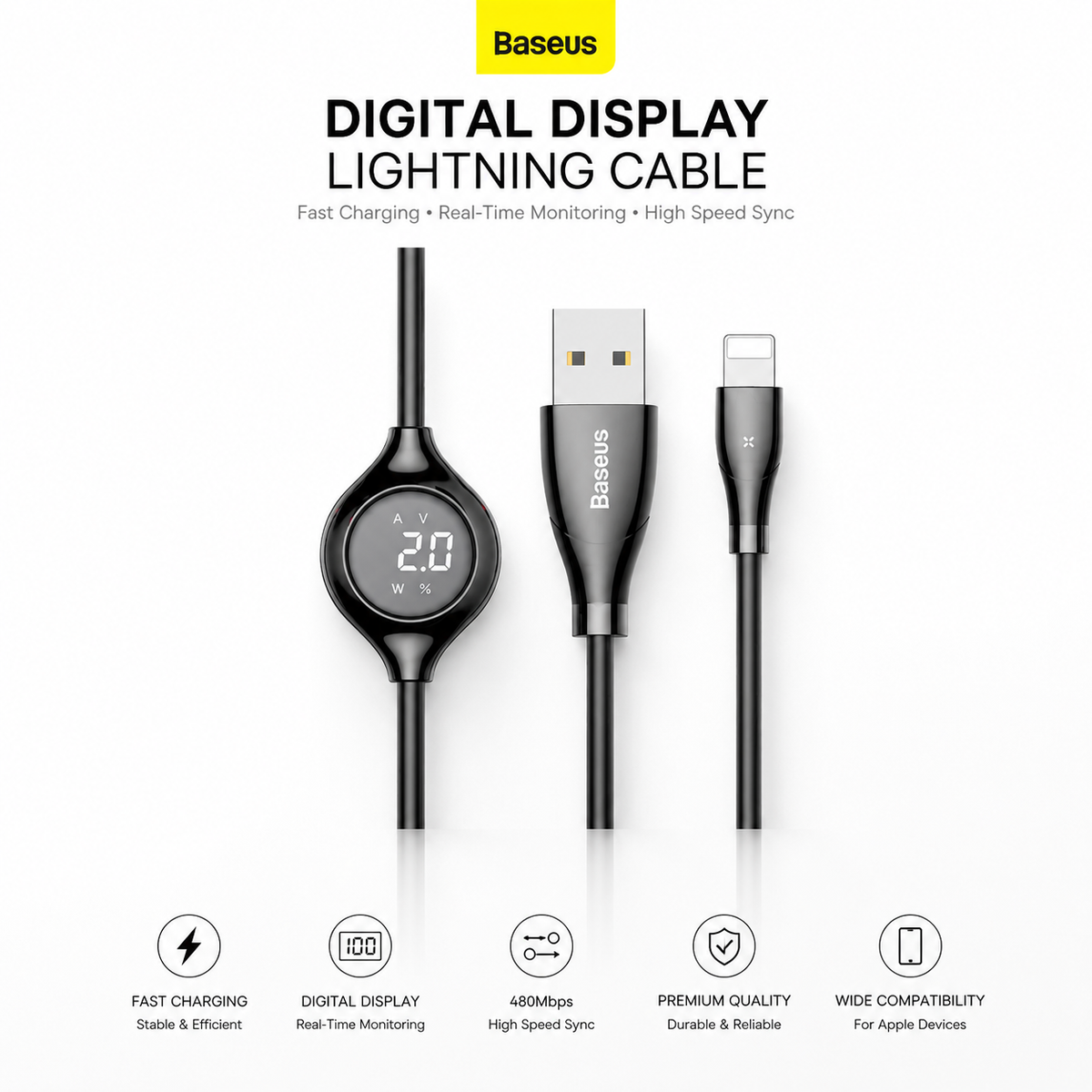 Baseus Digital Display Lightning Cable, Fast Charging USB Data Cable with Real-Time Power Display, 1M, 480Mbps Sync for iPhone 14/13/12/11/XR/XS/X/8/7/SE - Black