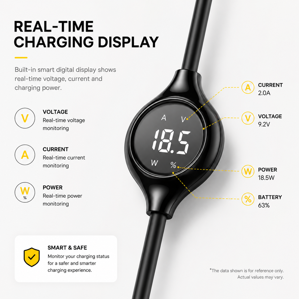 Baseus Digital Display Lightning Cable, Fast Charging USB Data Cable with Real-Time Power Display, 1M, 480Mbps Sync for iPhone 14/13/12/11/XR/XS/X/8/7/SE - Black